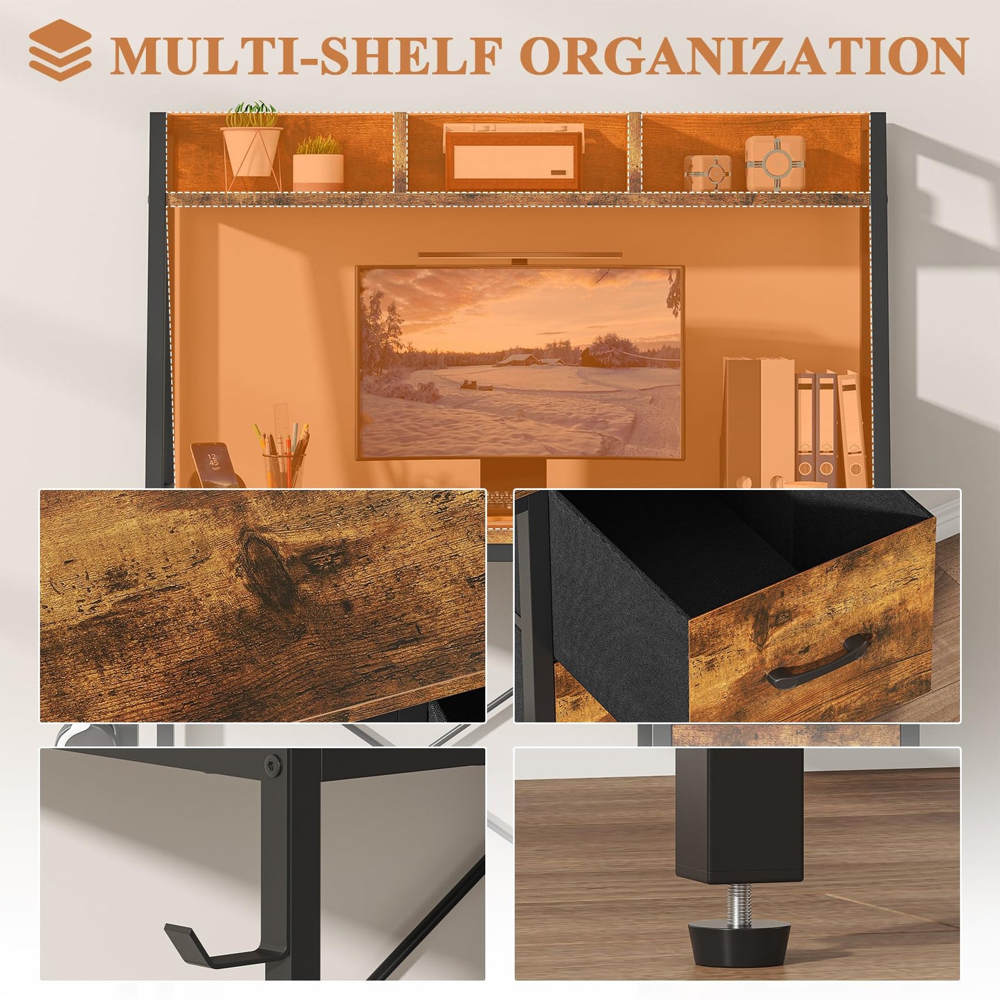 Feonase Industrial-Style Computer Desk with 3-Tier Wall-Mounted Shelf & 3 Fabric Drawers – MDF Desktop for Home Office, Study & Organization