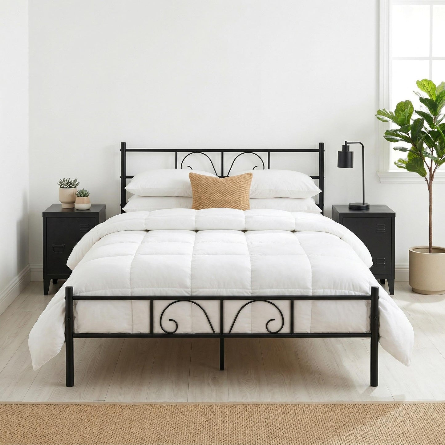 FurnitureR Black Metal Double Bed Frame with Decorative Headboard, Heavy Duty Steel Slats, Noise-Free Support, No Box Spring Needed, Easy Assembly