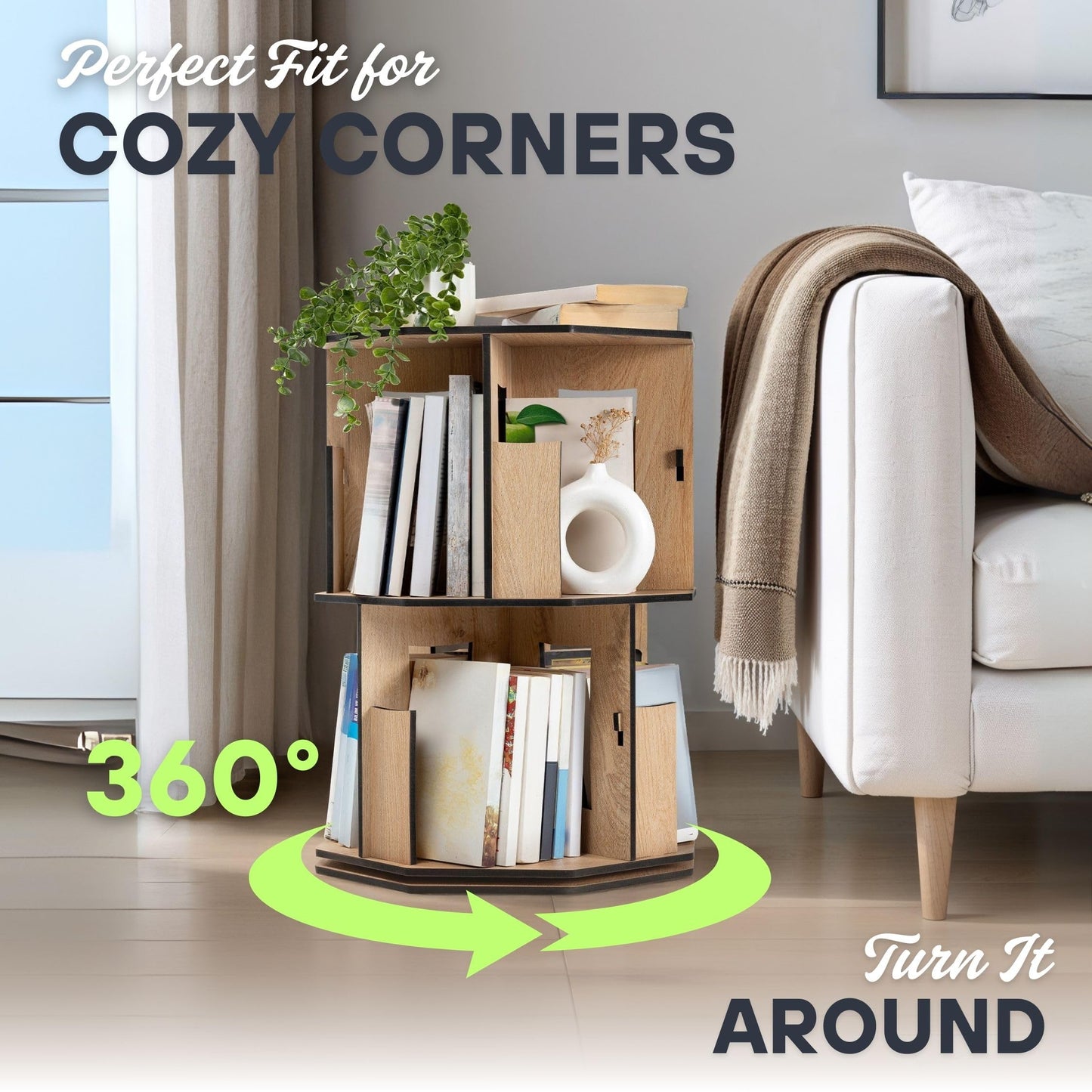 vigowood Corner Shelf Kids Bookshelf, Rotating Book Shelf for Kids Rooms – Space-Saving Wooden Storage Organizer for Books and Toys (Walnut, 2 Tier)