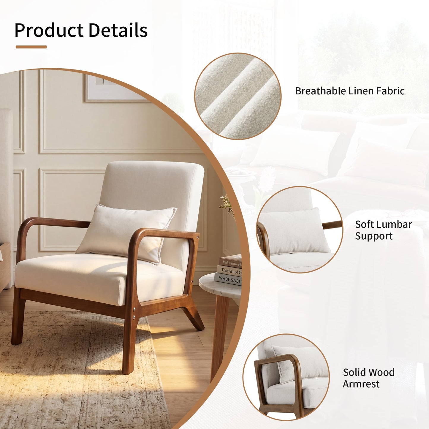 BonVache Armchair Modern Accent Chair with Pillow Comfy Reading Chair for Living Room Bedroom Office, Beige