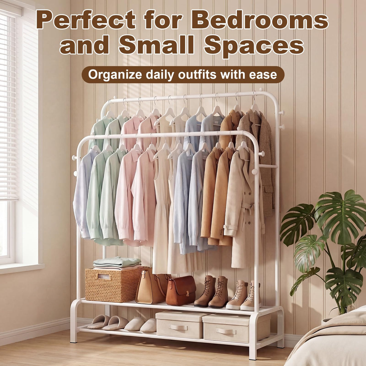 OPPAIYA Heavy Duty Double Rod Clothes Rail, 110cm Garment Rack Supports Up to 80kg Even Weight Distribution