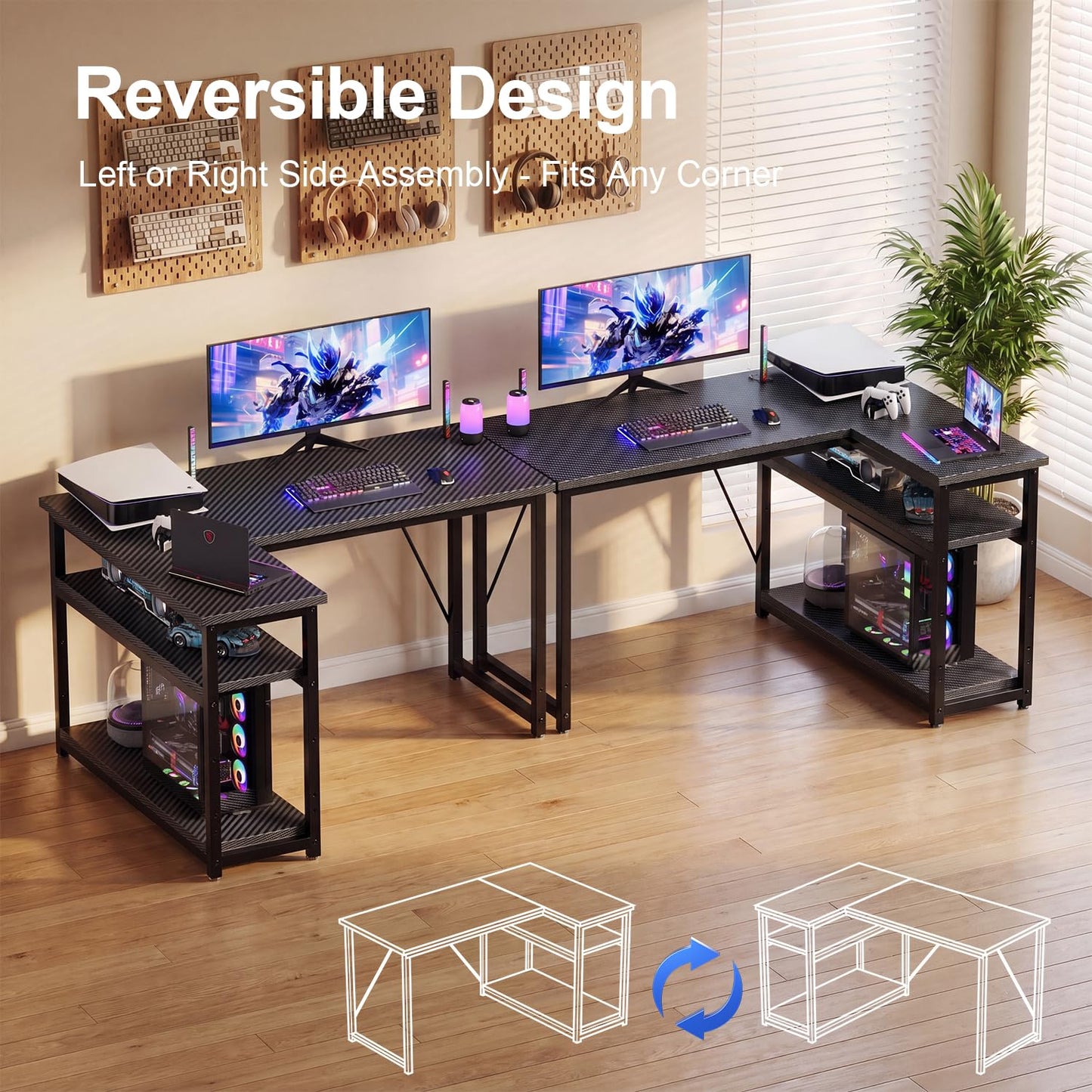 JUMMICO Small 100x80cm L-Shaped Corner Desk with Storage,Compact Corner Computer Desk for Home Office, Carbon Fibre Black