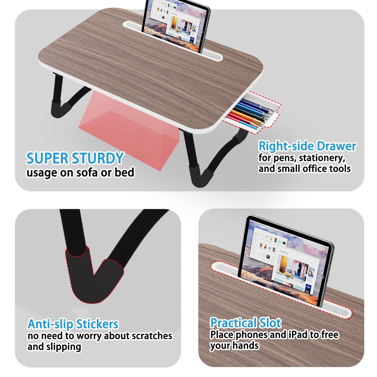 Small Lap Desk，Laptop Bed Desk 48 x30 cm for Breakfast in Bed, Work and Study, Home Office, Laptop Stand for Sofa、Couch、Bed, (Small Brown 48x30)
