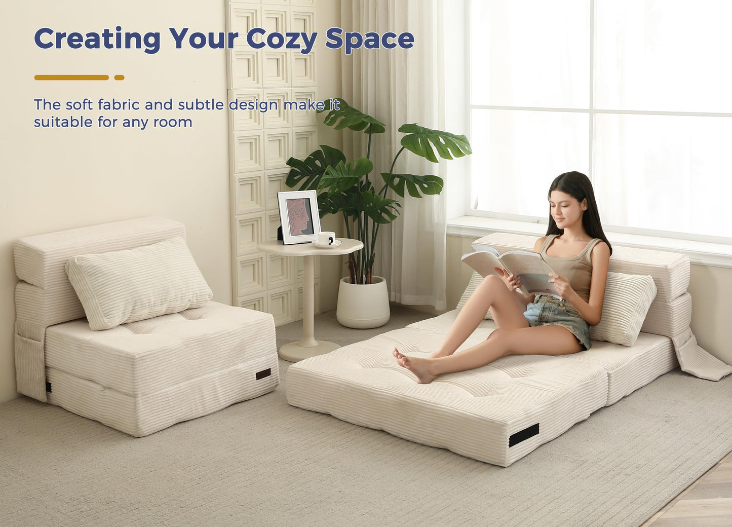 MAXYOYO Folding Foam Sofa Bed, Tri-Fold Mattress with 2 Pillows, Convertible Sofa Chair Futon Z Bed with 15cm Thincken Foam