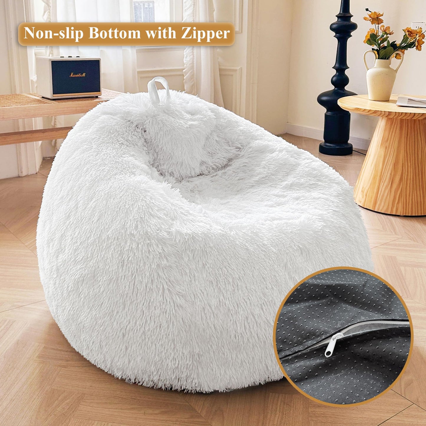 XeGe Soft Fluffy Faux Fur Decorative Bean Bag Chair Cover(No Filler), White