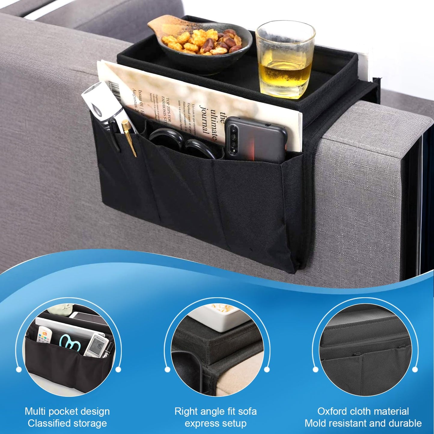 Eulihent Sofa Arm Tray Armchair Tray Organiser Waterproof Non-Slip Sofa Arm Table with 4 Bags for Drinks,Phone,TV Remote Control, Magazine
