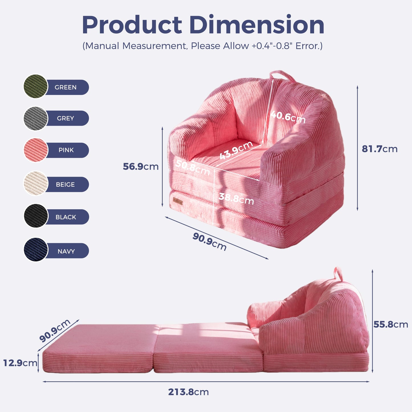 MAXYOYO Folding Sofa Bed with Backrest, Boneless Fold Out Couch Bed with Handle, 2 in 1 Convertible Bean Bag Chair to Floor Sofa Lounger