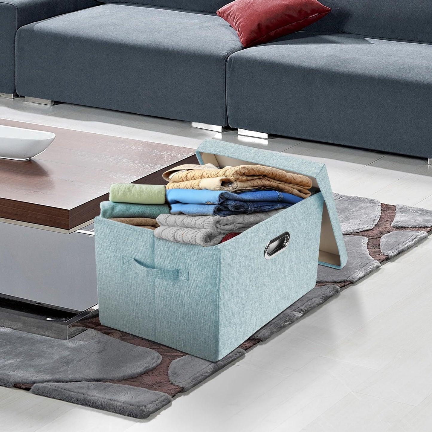 TYEERS Large Storage Box with Lid, Collapsible, Washable, Fabric Storage Box for Clothes, Wardrobe Storage, 44x30x29 cm, Set of 2, Aqua Spring