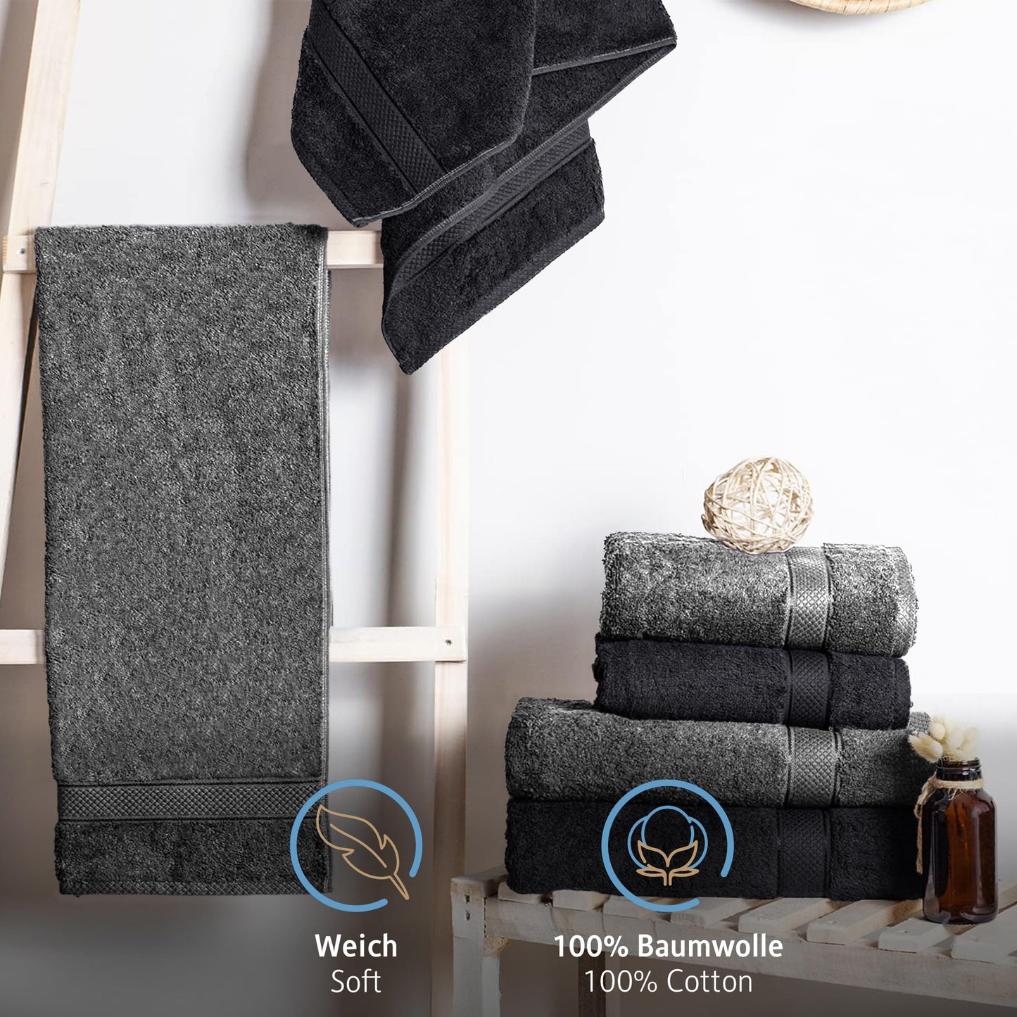 Komfortec Set of 8 Hand Towels 50 x 100 cm 100% Cotton 470 g/m² Terry Cloth Soft Anthracite Grey/Black