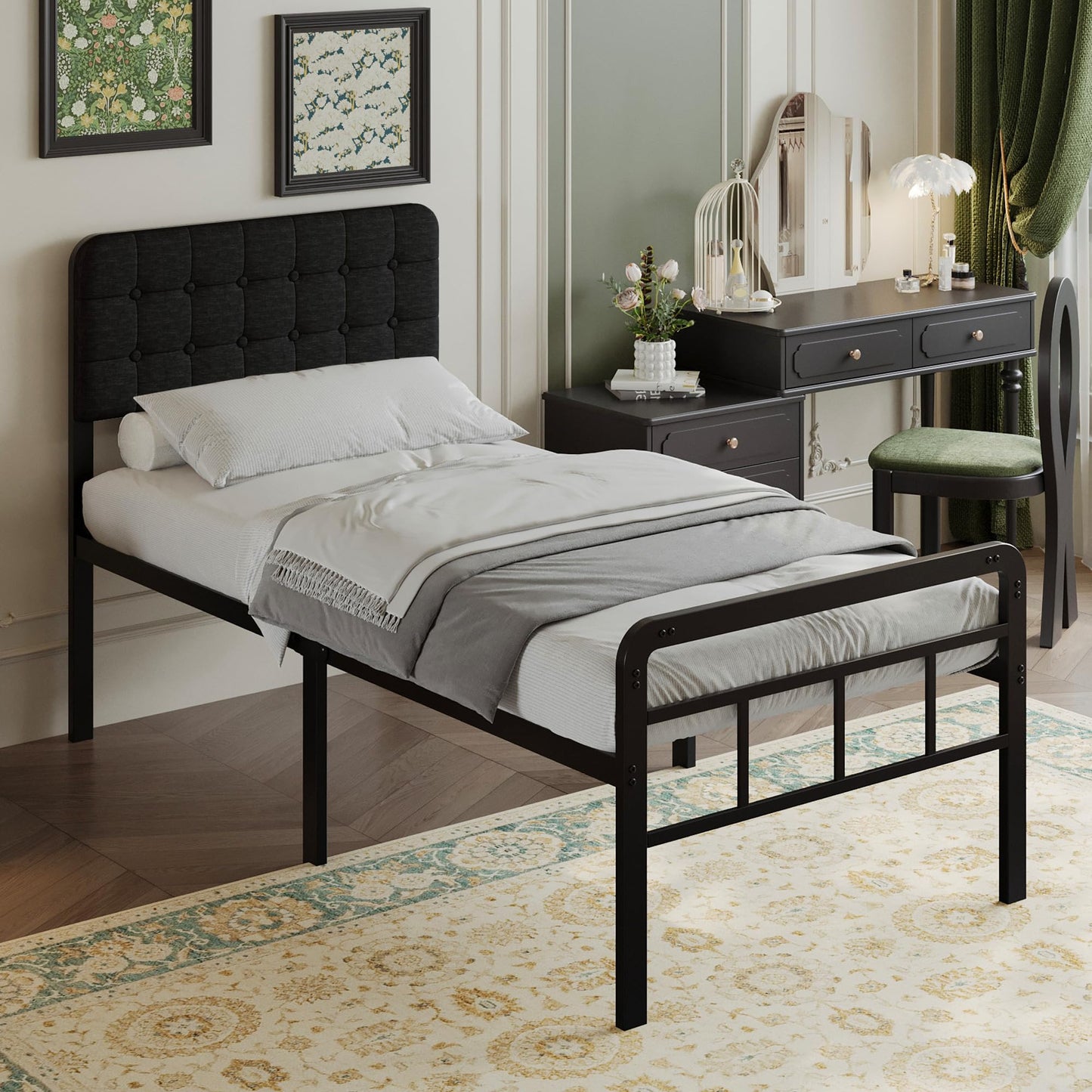 EMODA 3ft Single Bed Frame with Upholstered Headboard and Footboard