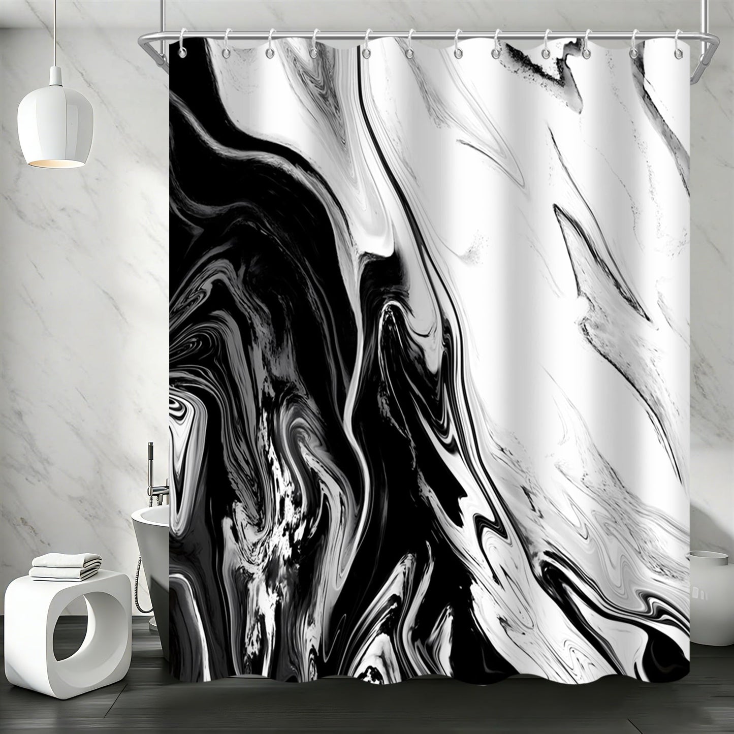GCIREC Shower Curtain, 180x180cm, Black White Texture Ink Marble Modern Art Waterproof Fabric Machine Washable Bathroom Curtain with Hooks