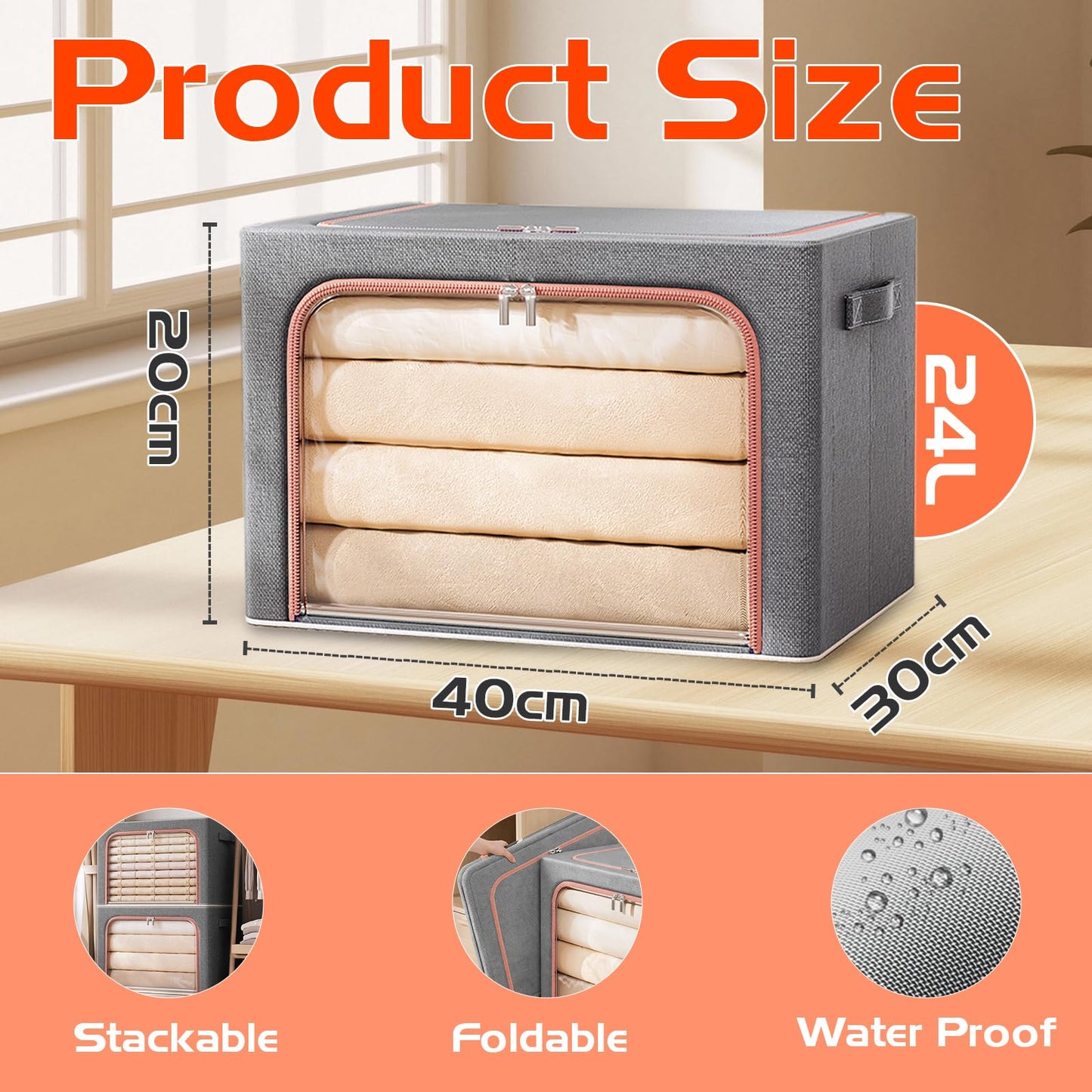 Storage Boxes Organiser, 24L Clothes Storage Boxes with Metal Frame＆Top and Front Opening Zip with Clear Window,Fabric Foldable Storage Boxes