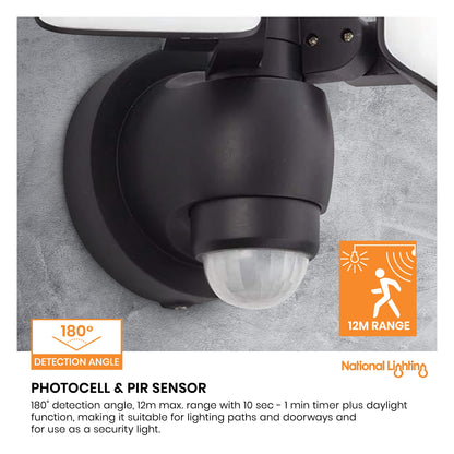 National Lighting Twin LED PIR Floodlight - IP44 Rated Outdoor Security Lights with Motion Sensor - Mains Powered Flood Lights Adjustable Double Head