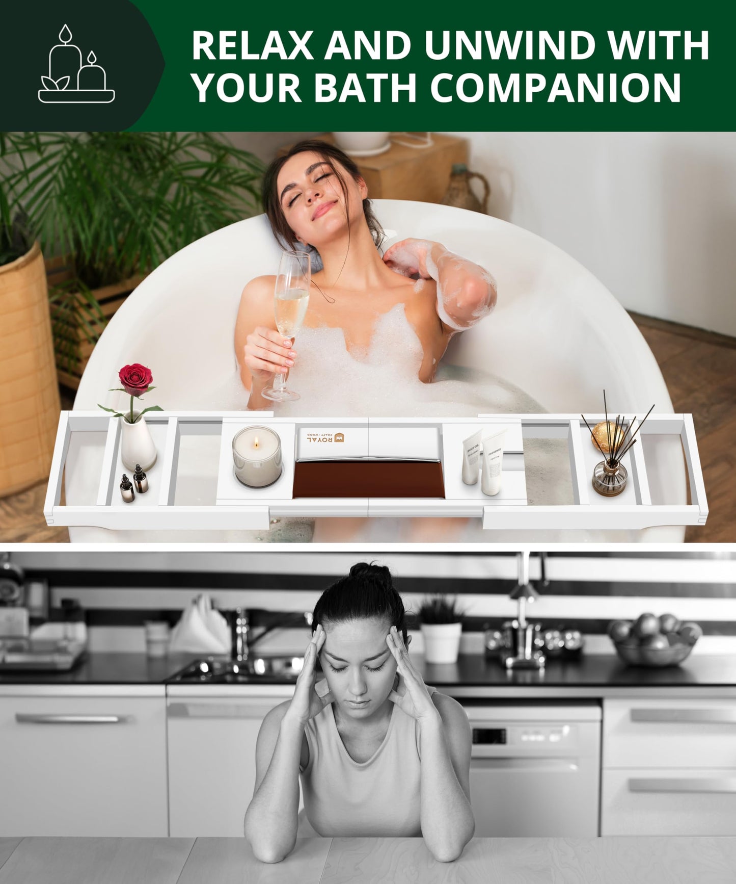 ROYAL CRAFT WOOD Luxury Bathtub Caddy Tray, 1 or 2 Person Bath and Bed Tray, Bath Tub Table Caddy with Extending Sides
