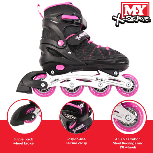M.Y X-Skate Adjustable Pink Inline Roller Skates with Built In Adjusters Kids Roller Boots for Boys & Girls - Large