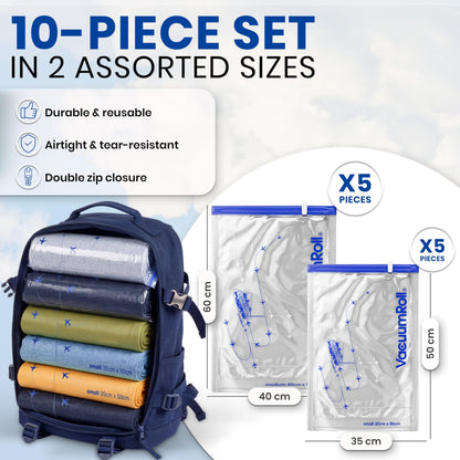 myHodo Vacuum Compression Bags for Rolling 10 Pieces - Reusable Storage Solution, Versatile Travel Bags for Suitcase & Backpack, Durable & Hygienic