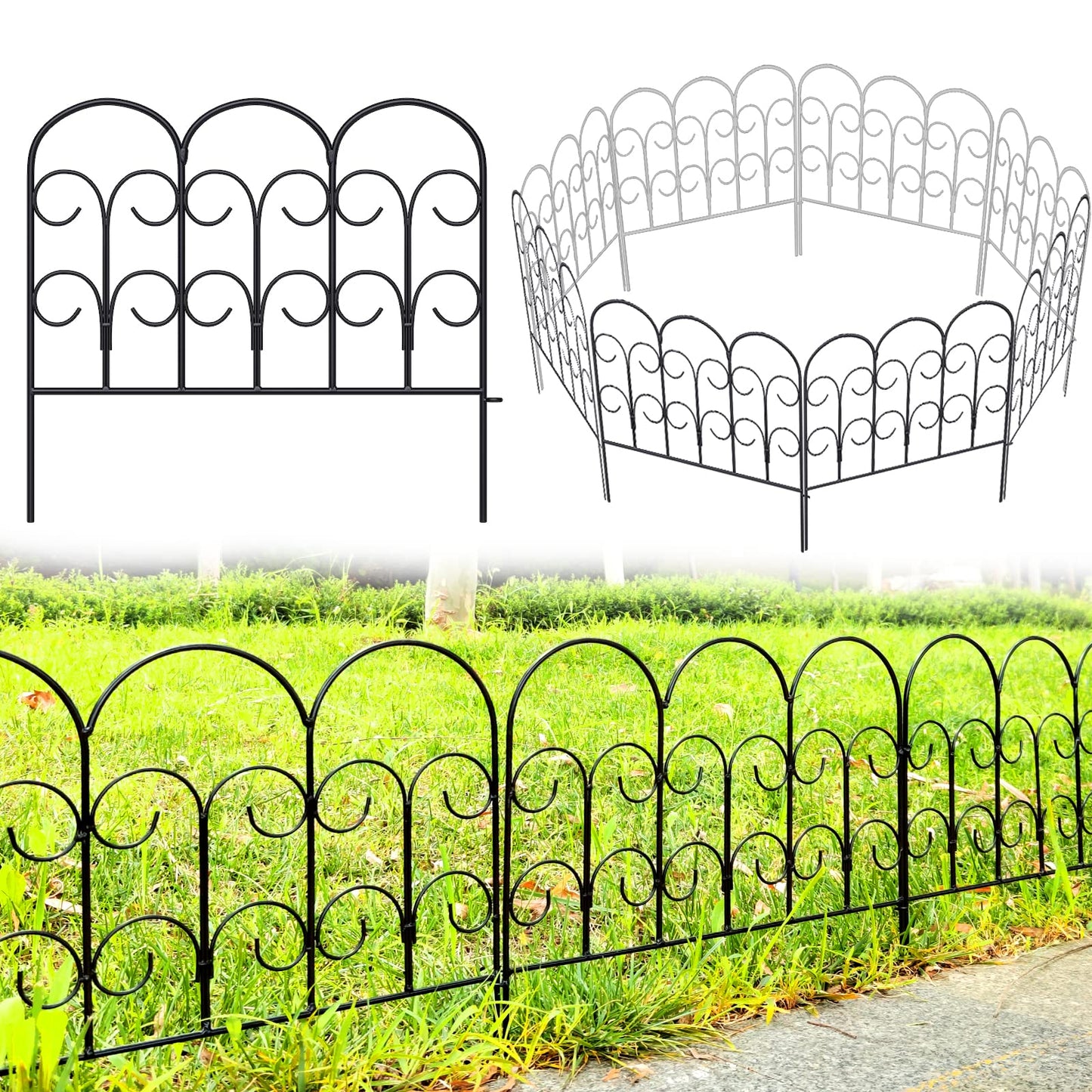 Thealyn Decorative Metal Garden Fence 40cm. H x 47cm. W (5 Panels, Total Length 2.35m) Fence Panels Landscape Fencing Rustproof Wrought Iron Garden