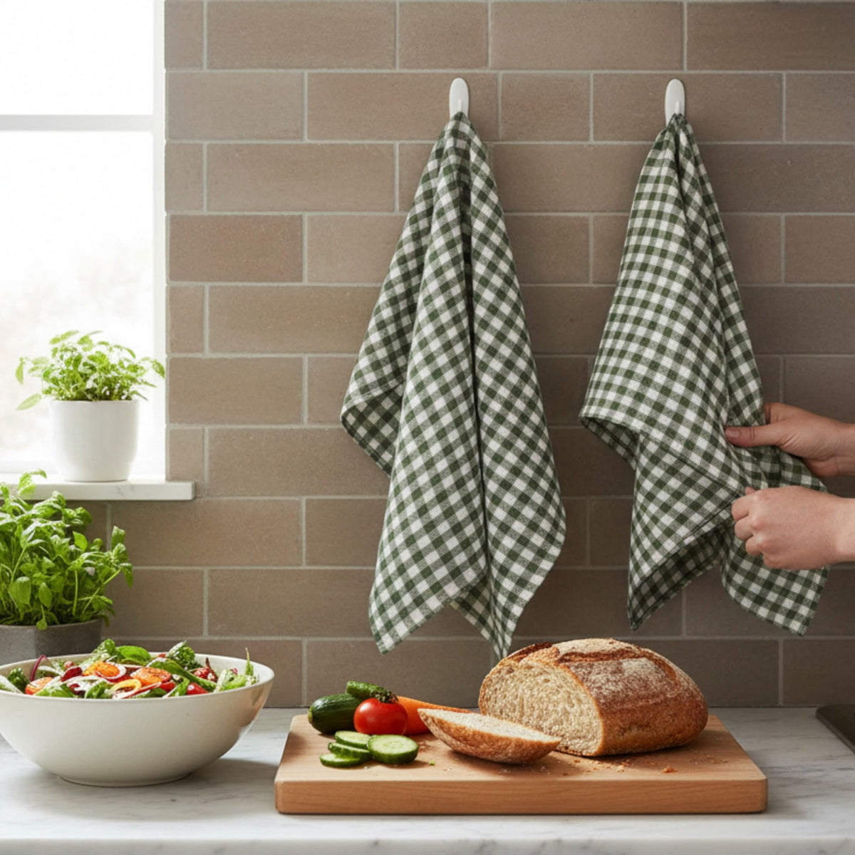 Eight Owls Stonewashed Linen Kitchen Dish Towels – 50 x 68 cm – 100% Pure Linen Tea Towel/Hand Towel - set of 2 Green Check