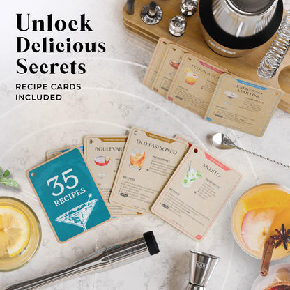 BARE BARREL Cocktail Making Kit | 14-Piece Bartender Kit Cocktail Shaker Set Maker | Display Stand & 35 Recipe Cards | Mixology Cocktail Gift Set