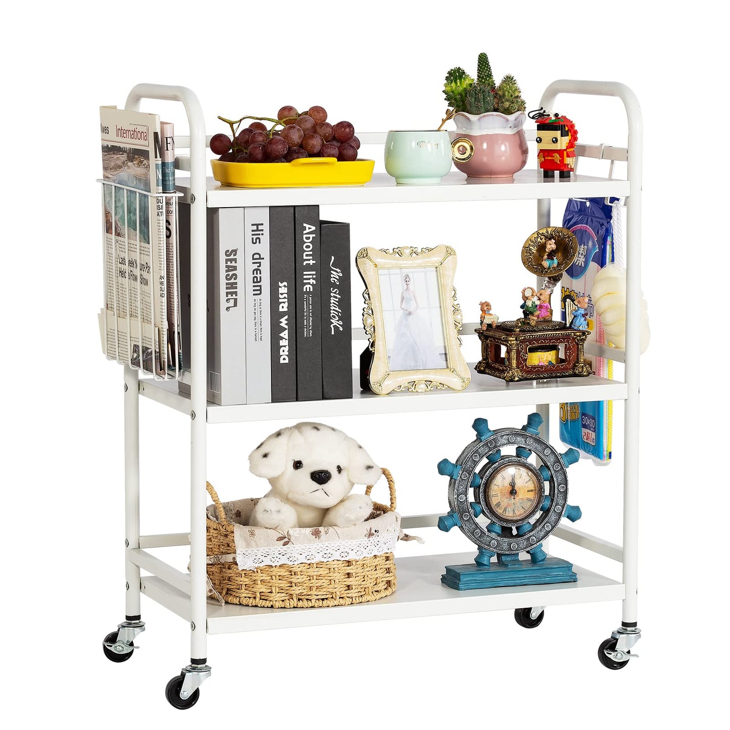 HDANI Serving Trolley,3-Tier Metal Trolley,White,with Basket