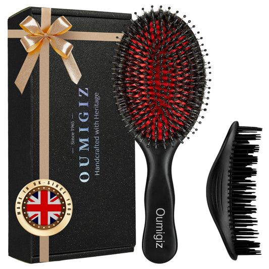 OUMIGIZ Boar Bristle Hair Brush Since 1965 British Craftsmanship, Handmade Natural Wood Slick Back Hairbrush, Soft Bristles Gentle Detangling