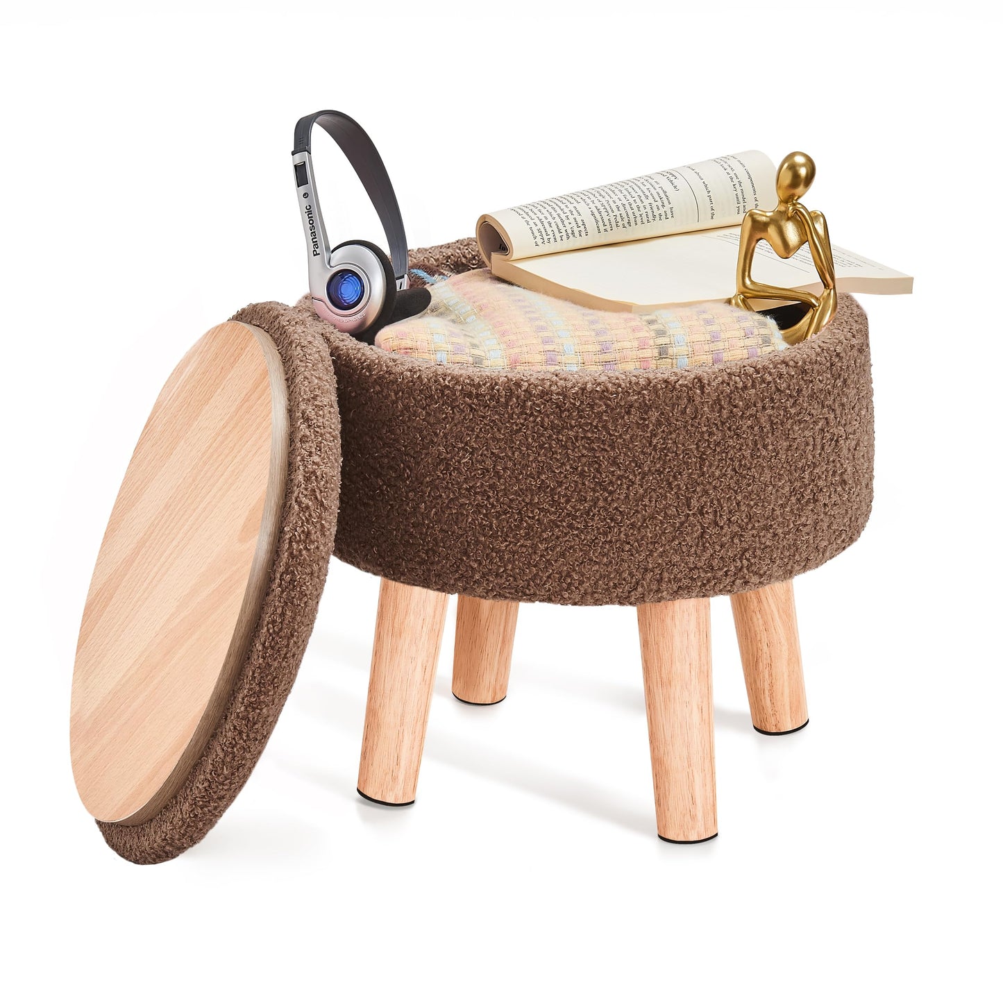 BRIAN & DANY Footstool with Storage, Small Storage Ottoman, Teddy Fleece Round Stool with Lid, Sherpa Foot Stool with Legs for Living Room Entryway
