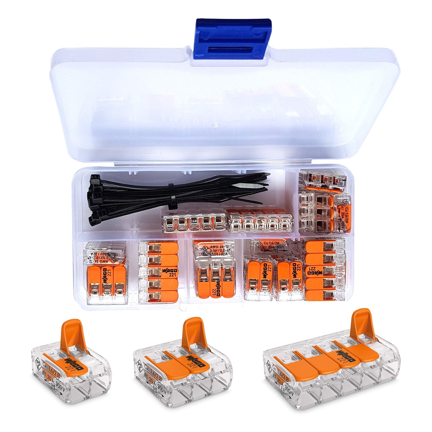Wago Connectors Set Serie 221 Compact, 25 pieces, 10x 221-412 | 10x 221-413 | 5x 221-415 with intervisio Cable Zip Tie 80mm