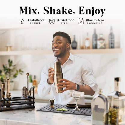 BARE BARREL Cocktail Making Kit | 14-Piece Bartender Kit Cocktail Shaker Set Maker | Display Stand & 35 Recipe Cards | Mixology Cocktail Gift Set