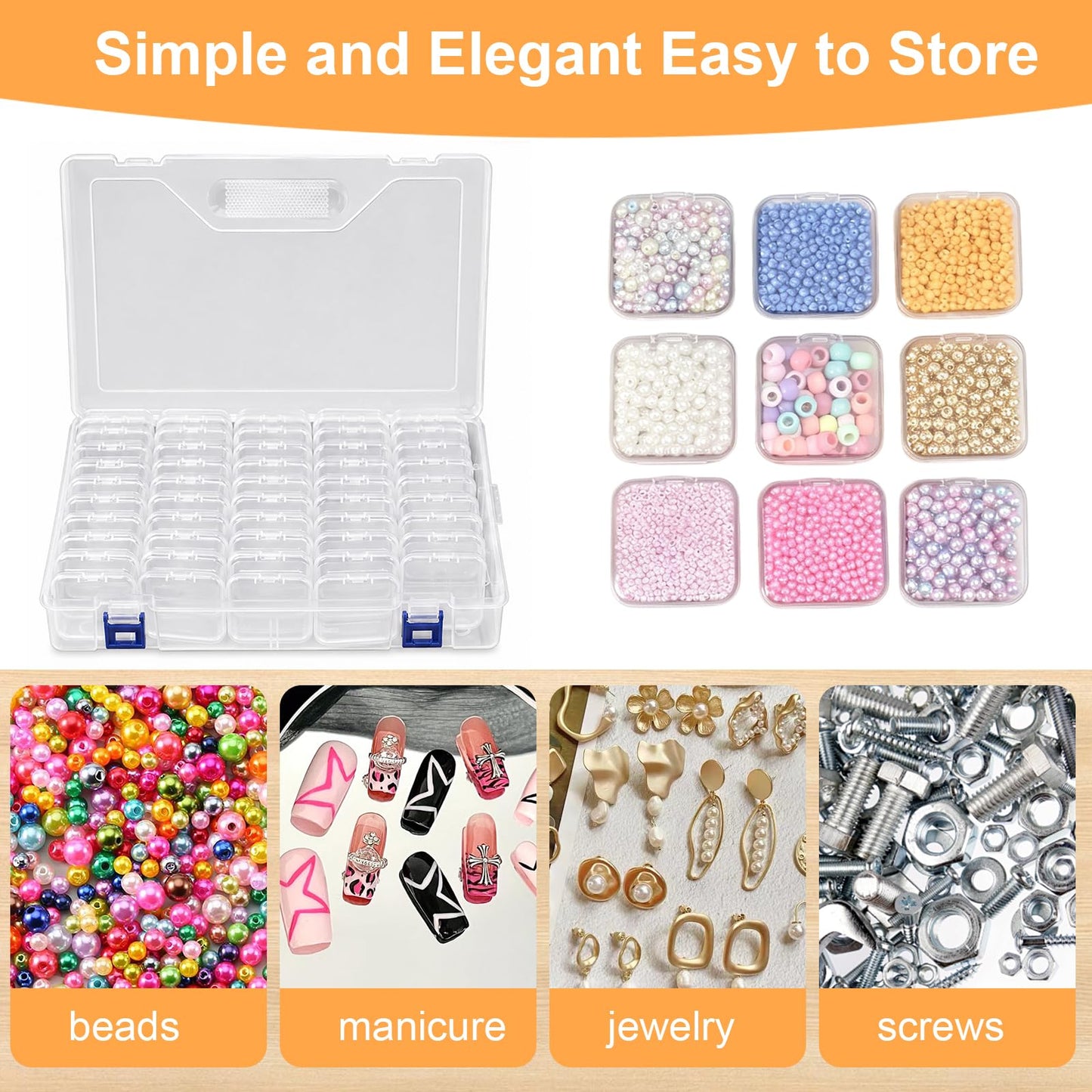 Bead Storage Box, 46 Pcs Bead Organizer Box, Containers Case with Hinged Lid Mini Transparent Organiser Boxes Diamond Art Storage Tabletop Boxes