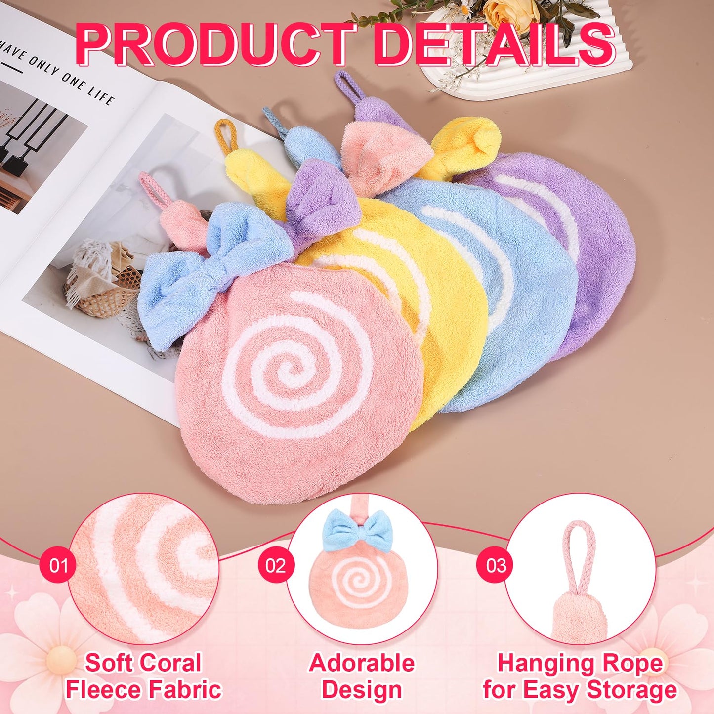sourcing map Cute Hand Towels, Soft Coral Hanging Hand Towel with Hanging Loop, Lollipop Pattern, Highly Absorbent