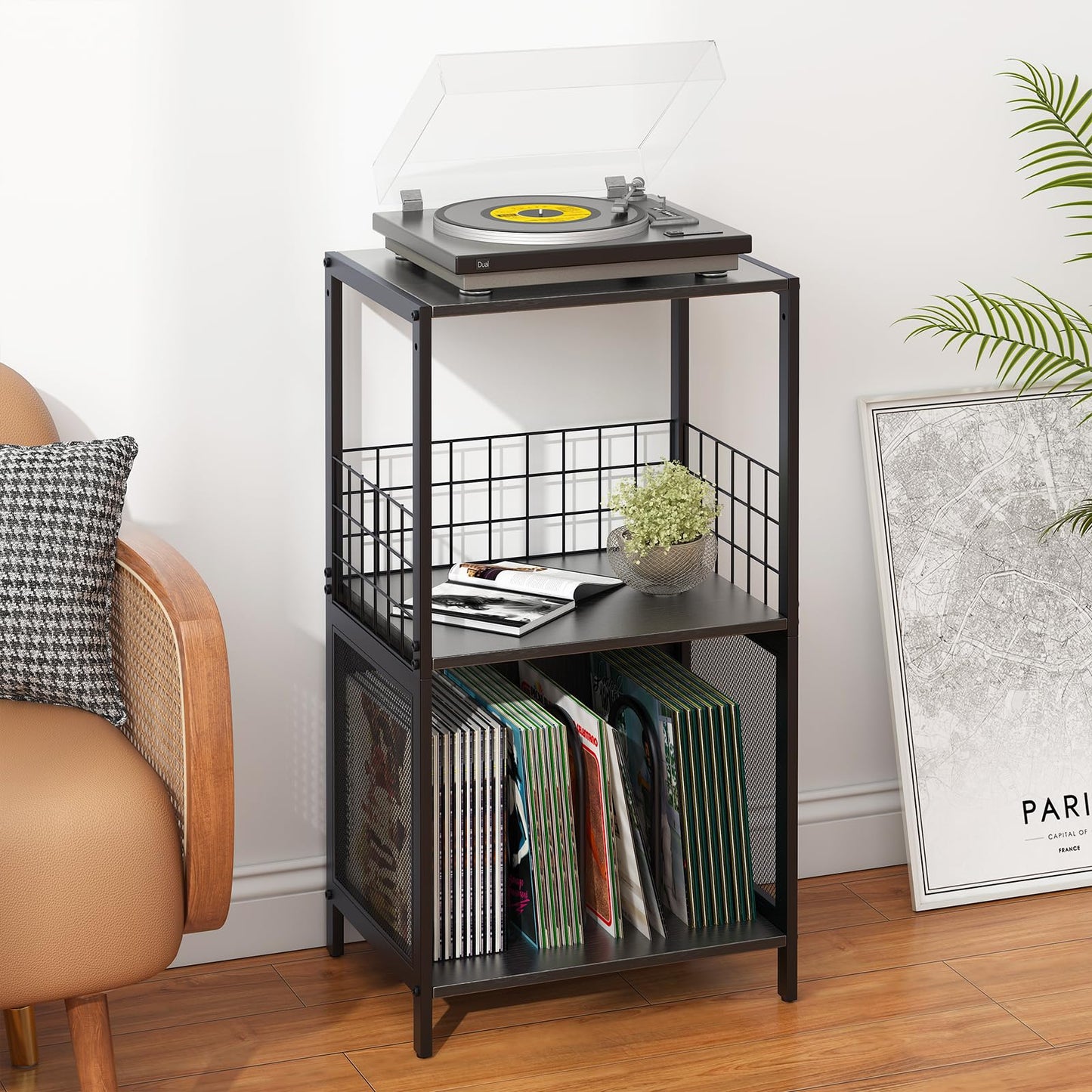 Huhote 3-Tier Vinyl Record Storage, Side Table, Record Player Stand with Storage for Up to 100 Albums, Turntable Cabinet for Living Room
