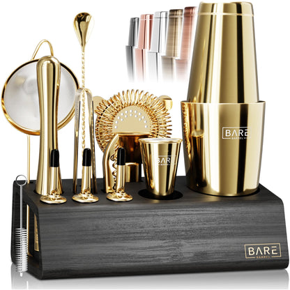BARE BARREL Cocktail Making Kit | 14-Piece Bartender Kit Cocktail Shaker Set Maker | Bamboo Display Stand & 35 Recipe Cards | Mixology Cocktail Gift