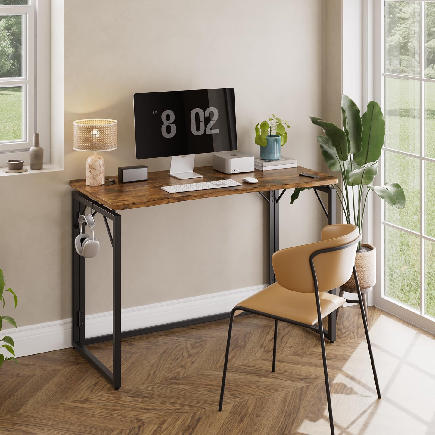 JOYMOOP Folding Desk Rustic Brown - 120 x 57 cm, No Assembly Foldable Desk for Home, Office - Large Size