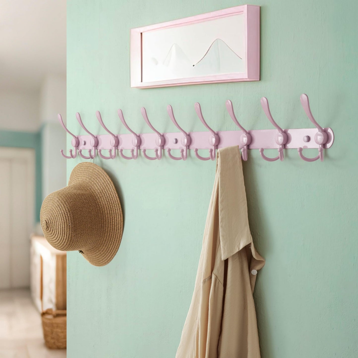 Dseap Coat Rack Wall Mount - 96cm Long 10-Tri-Hooks Heavy Duty Coat Hanger Rail Wall Hooks for Hanging Coats Hats Clothing Clothes Purse Mudroom