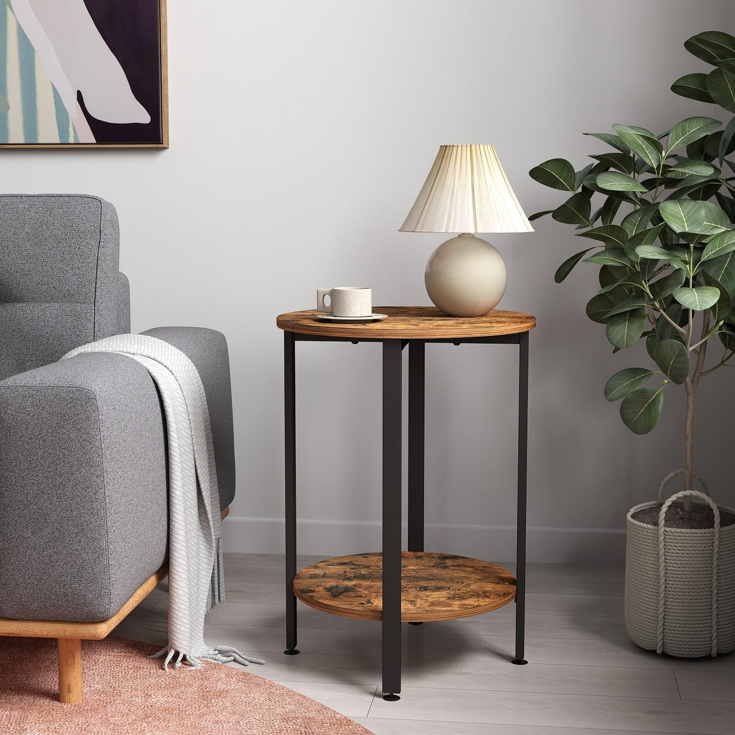 H JINHUI 2-Tier Round Side Table, Industrial End Table, Bedside Table, Sofa Table with Metal Frame, Coffee Table with Storage, for Living room