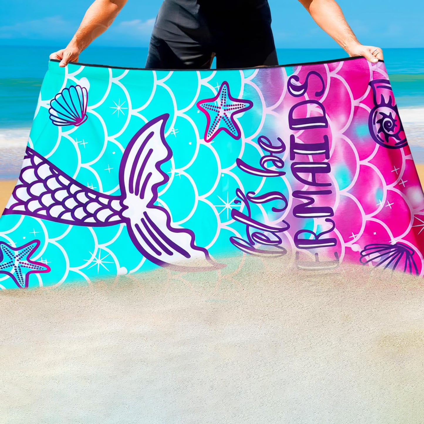 Violetpos Mermaid Tail 'Let's Be Mermaids' Beach Towel, Extra Large 180x90 cm 250GSM Microfibre, Sand Free Quick Dry