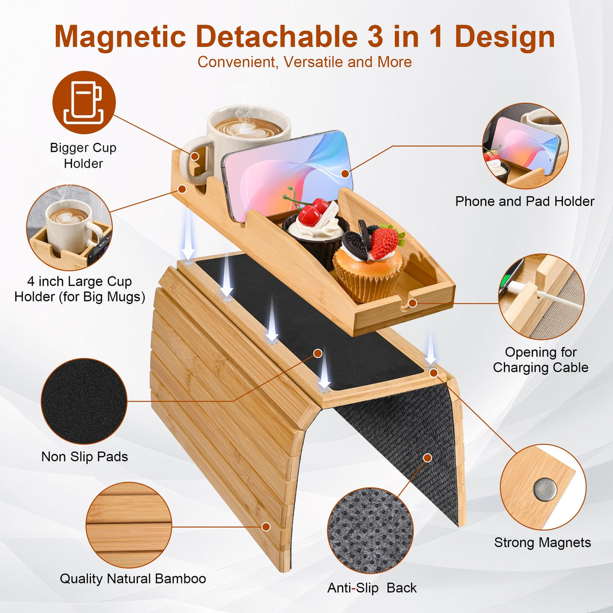 Joy&Grace Couch Cup Holder, 3-in-1 Magnetic Detachable Couch Arm Tray, Bamboo Sofa Armrest Table with Anti-Slip Pad, Sofa Armrest Tray Table Natural