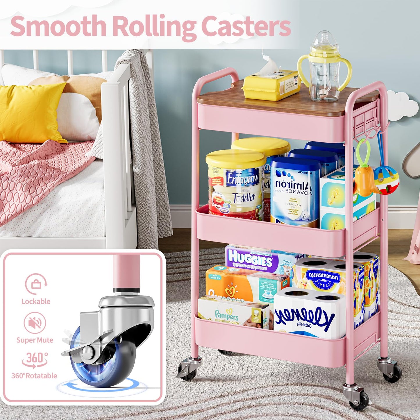 KINGRACK 3-Tier Rolling Storage Trolley, Pink