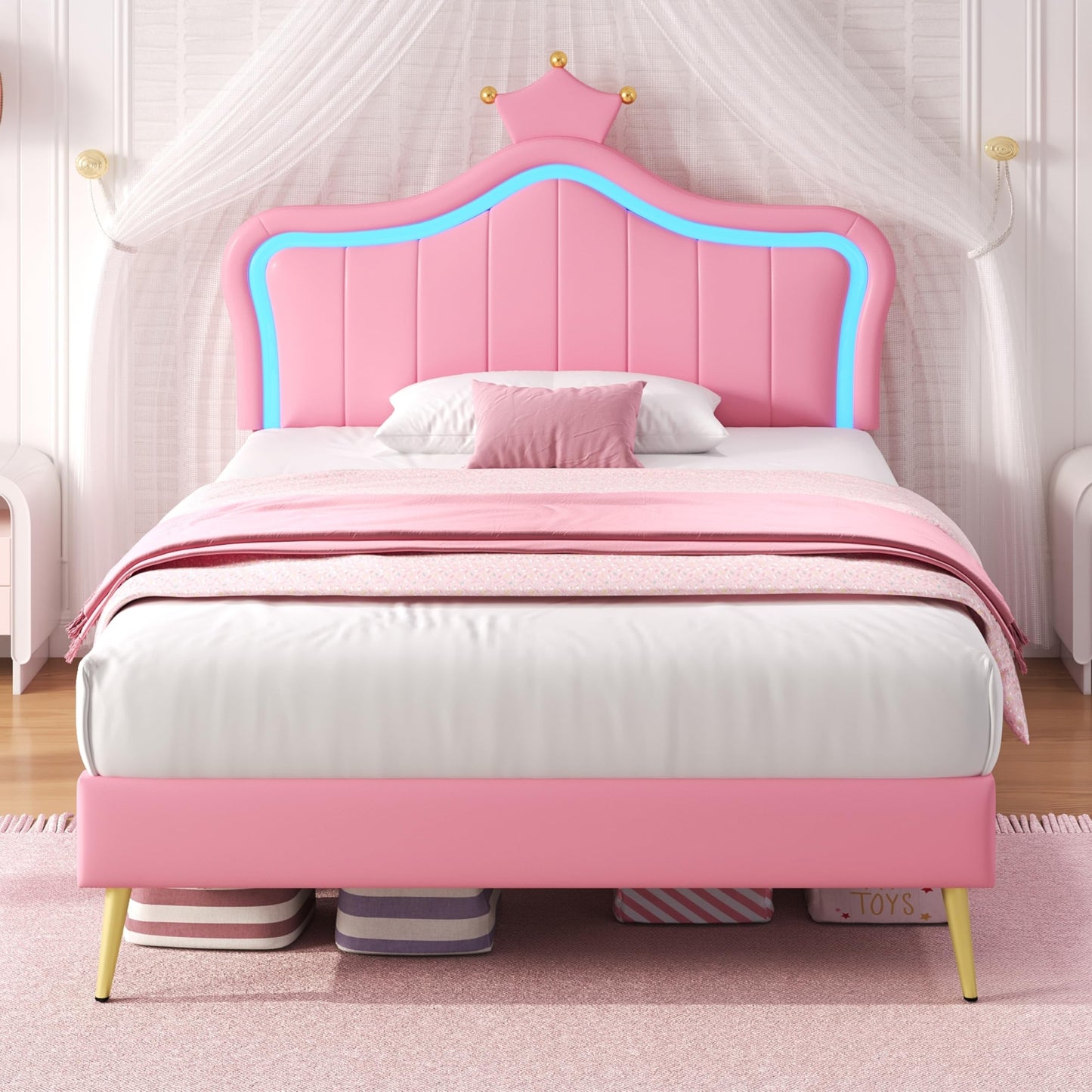 Merax 3FT Single Upholstered Bed Frame with LED Crown Shape Adjustable Headboard, PU Leather Platform Bed with Solid Wood Slats, Sturdy Metal Support