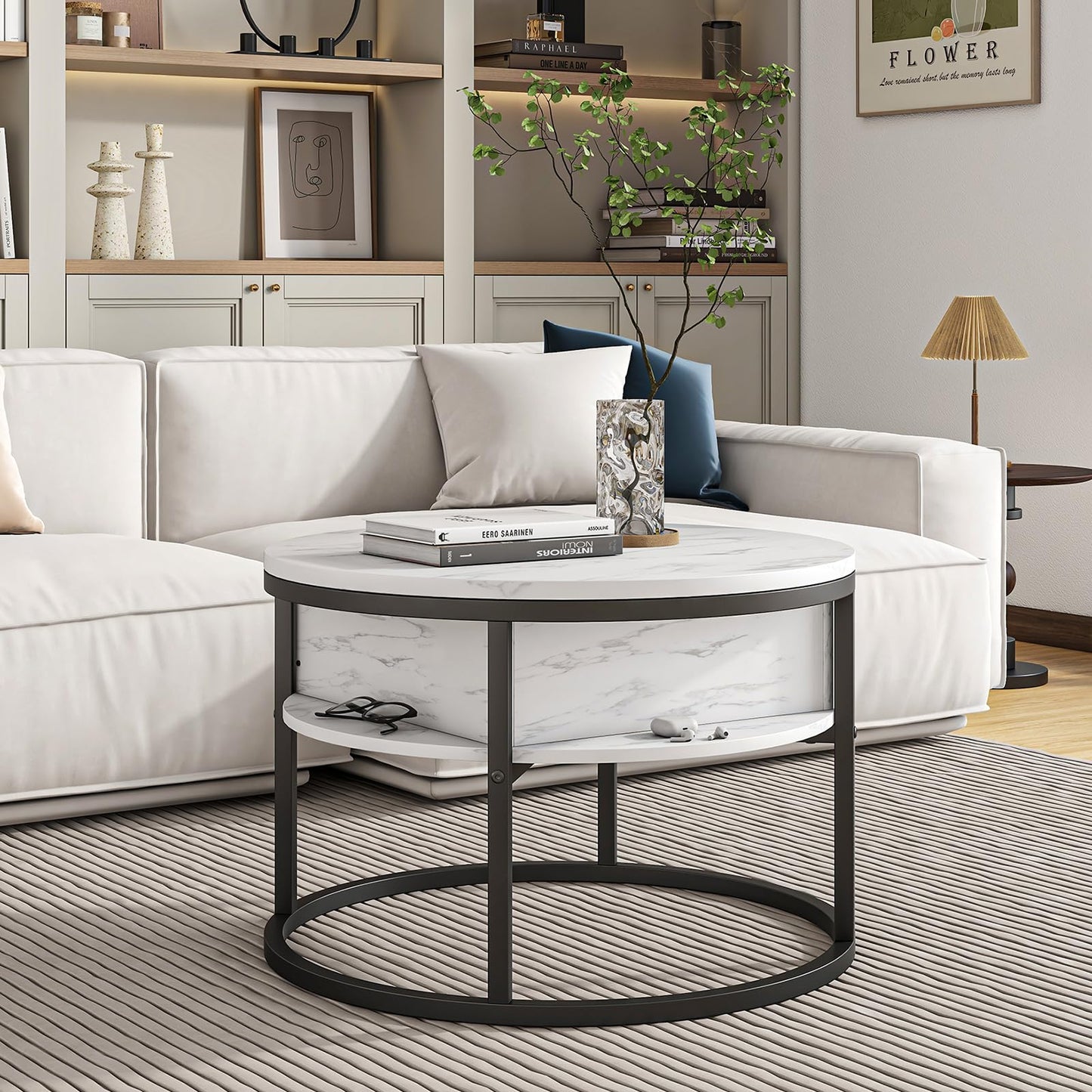 HOJINLINERO Round Coffee Table,Lift Top Coffee Tables for Living Room,Wooden Table with Hidden Storage & Lift Up Top,Modern Sofa Tea End Center
