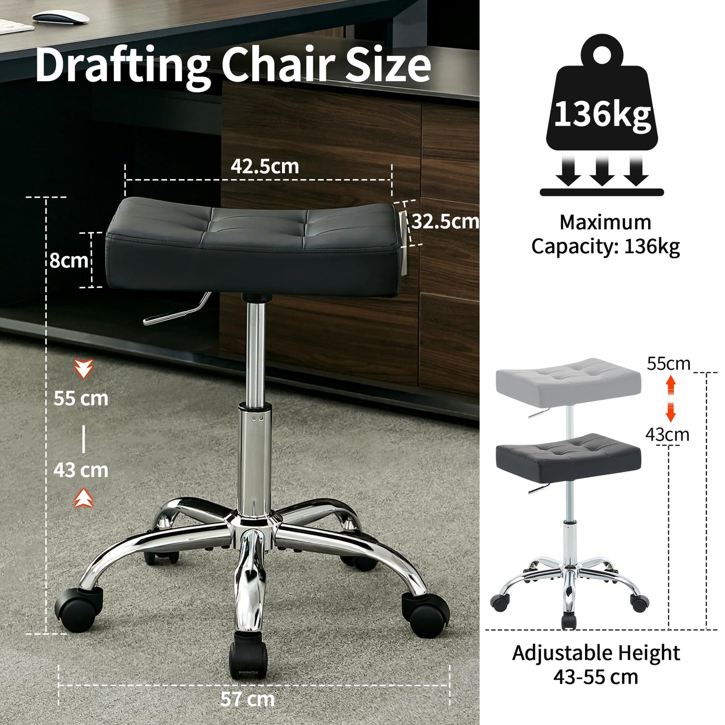 FIRAVOE Office Stool with Wheels (136 kg Capacity) (Adjustable Height 43.5–54.5 cm) Black Faux Leather Workbench Stool