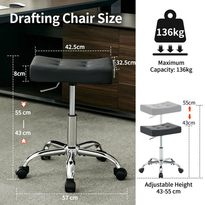 FIRAVOE Office Stool with Wheels 136 kg Capacity Adjustable Height 43.5–54.5 cm Black Faux Leather Workbench Stool