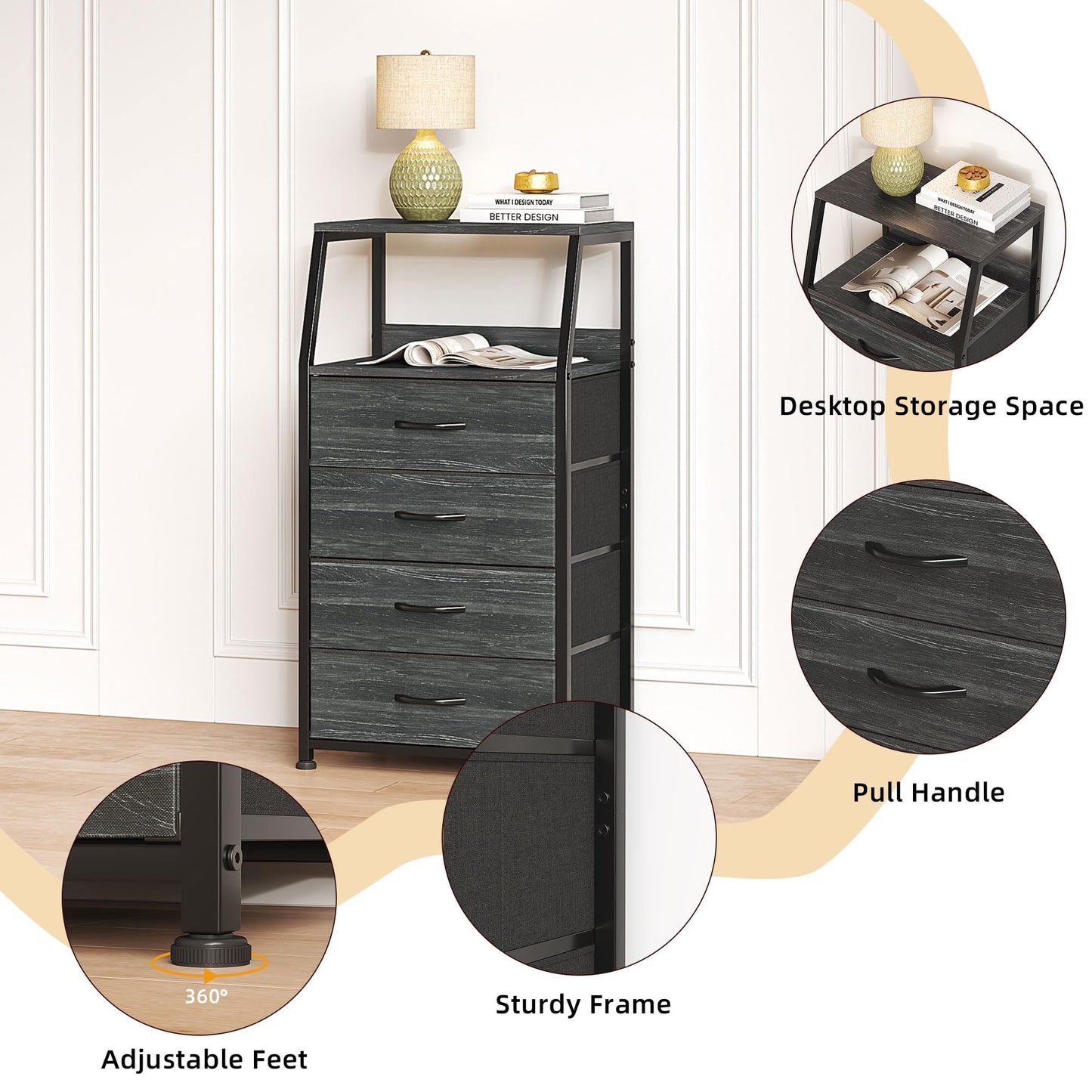 CAIYUN Chest of Drawers Bedroom with 4 Drawers, Small Fabric Dresser with Shelf, Fabric Dresser for Entryway Hallway Living Room