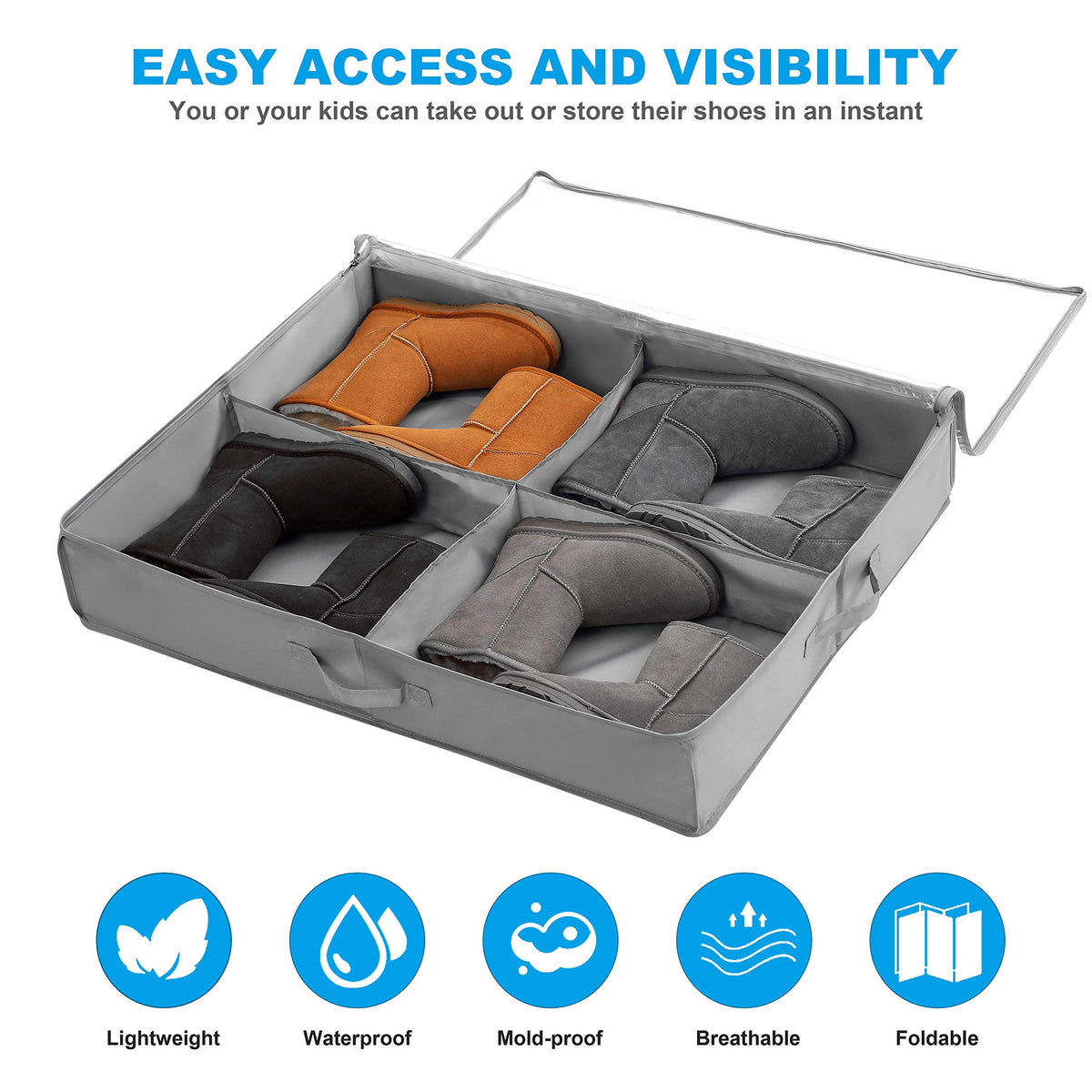 Under Bed Shoe Storage Box Set of 2, Fits 16+4 Pairs Boots Total, Underbed Shoe Storage Organiser with Reinforced Handles