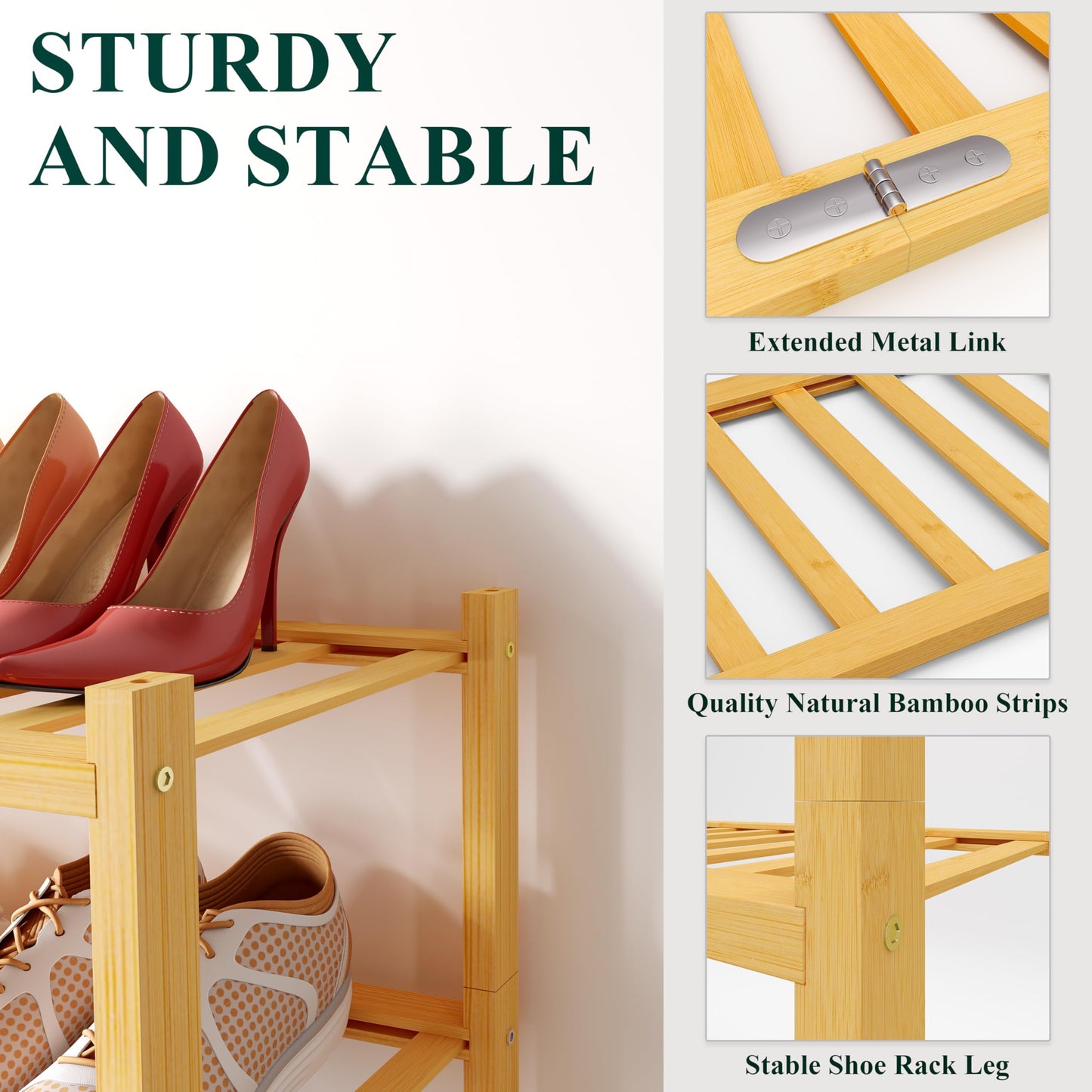 smiry Natural Bamboo Shoe Rack, 3 Tier Wooden Stackable Shoe Storage Organiser, Free Standing Shoes Storage Shelf for Entryway, Hallway, Small Spaces