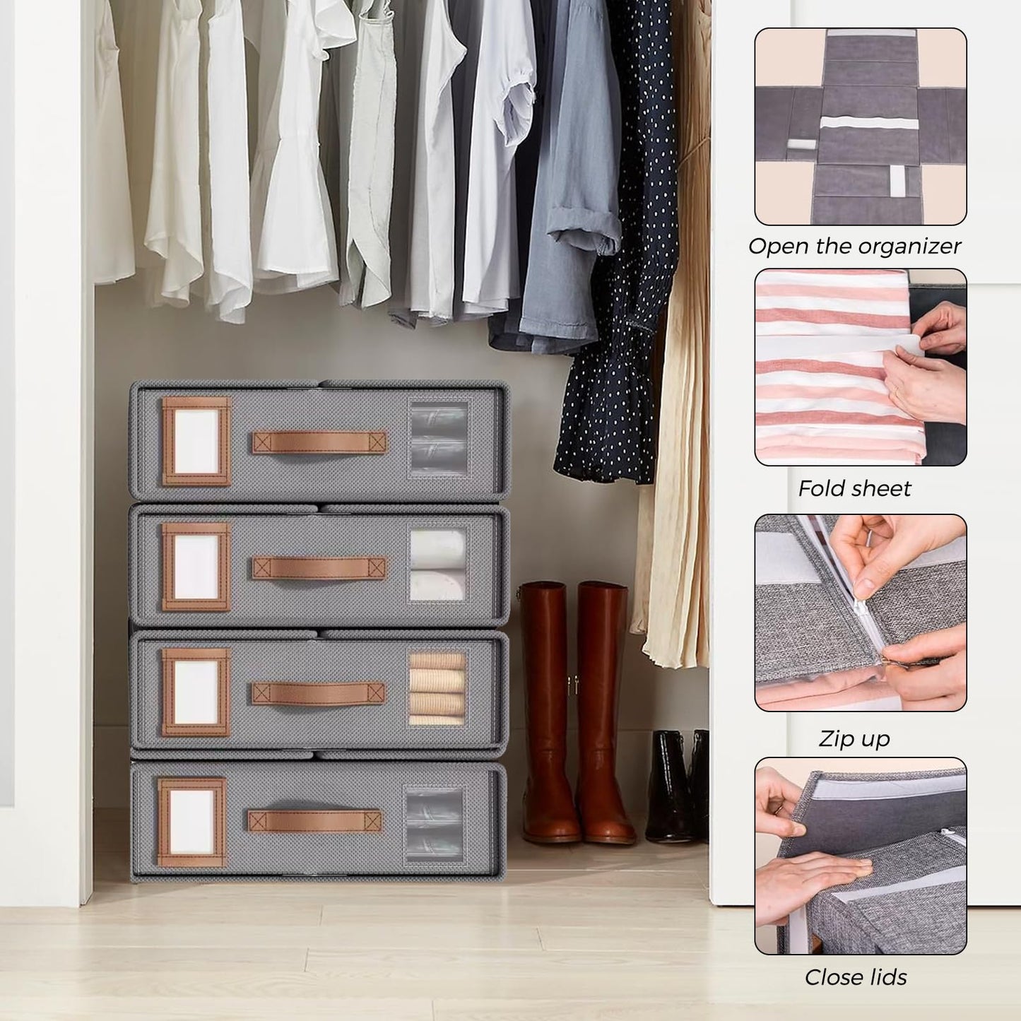 Woobroo 6 Pack Bed Sheet Organisers - Foldable Bedding Storage Box with Handles and Clear Window for Sheets, Blankets, Duvet Covers, and Clothing