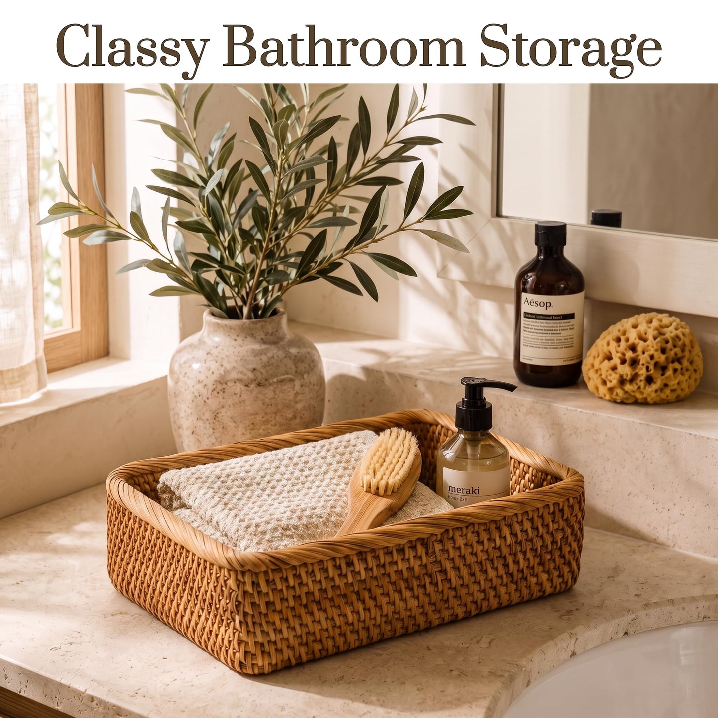 Wicker Storage Basket, Rectangular Rattan Fruit Baskets, Natural Woven Serving Basket and Organizer for Shelf (Set of 3)