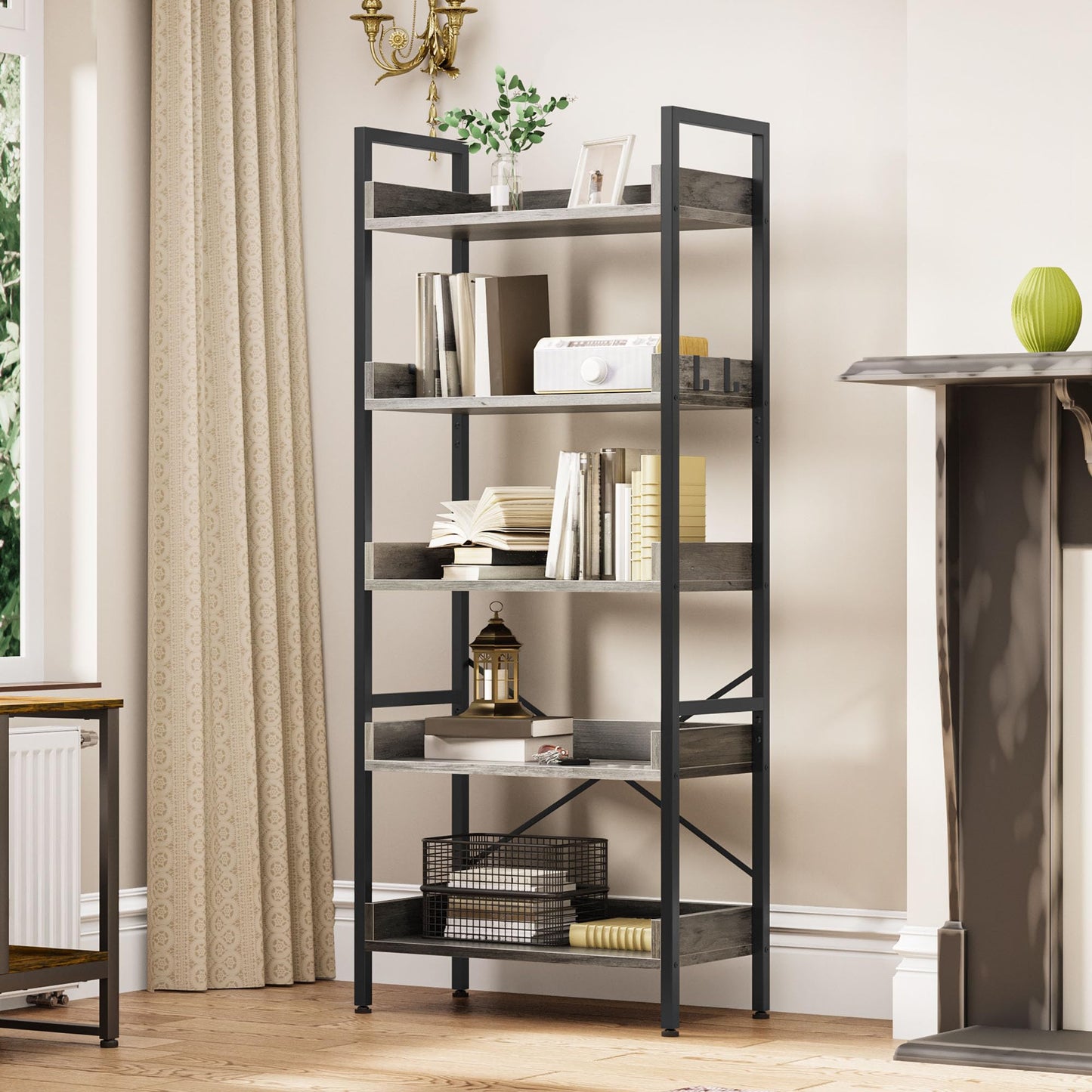 YITAHOME 5 Tier Bookcase, Floorstanding Wooden Shelves with Stable Steel Frame Shelving Unit