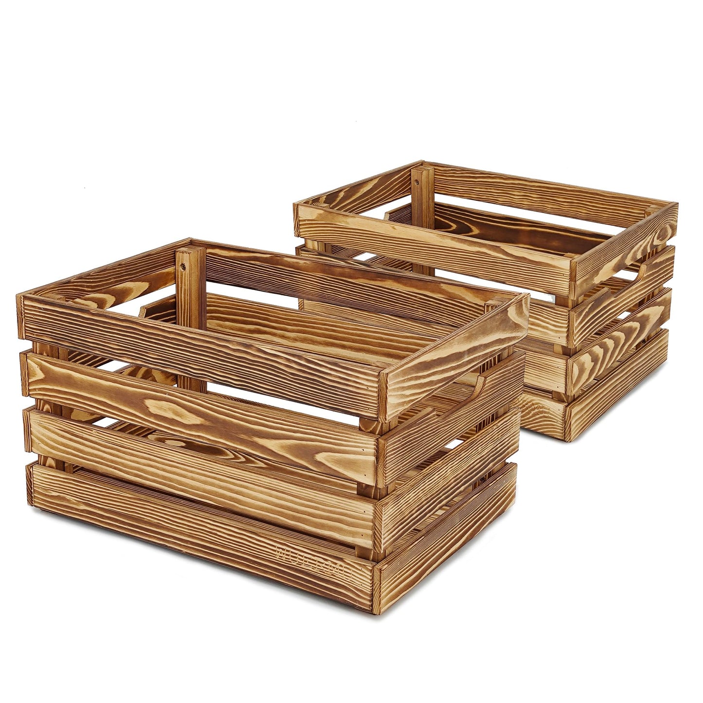 WUERMU Flame-Treated Wooden Crates Set (Pack of 2) – Fruit Box, Wine Crate, Milk Crate, Toy Storage, Camping Decor & Utility Chest