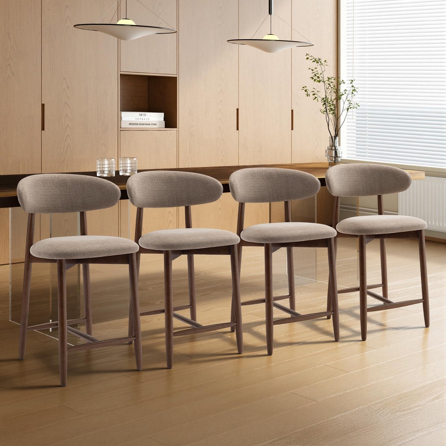 COLAMY 4PCS Counter Height Bar Stools with Back, Modern Upholstered Bar Chairs with Ergonomic Backrest & Footrest, Rubberwood Frame